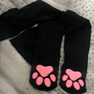 Black Tights with Pink 3D silicone Paw Prints knee high nylons non slip furry 🐾